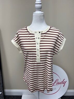 Striped Short Sleeve Henley Top - Cream & Burgundy
